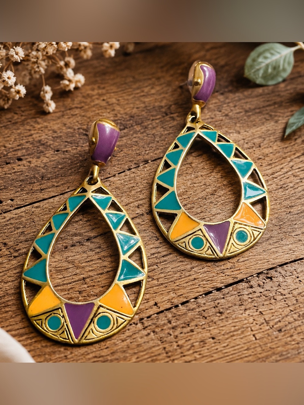 431. Vintage Enamel Geometric Teardrop Statement Earrings Turquoise Purple Gold
